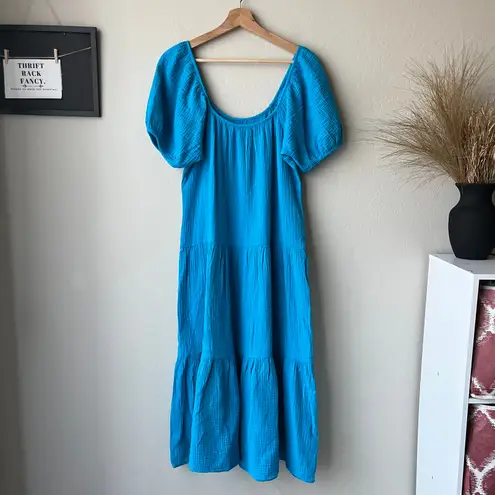 NEW Honorine Pamela Cotton Gauze Blue Short Sleeve Tiered Midi Dress Size Small