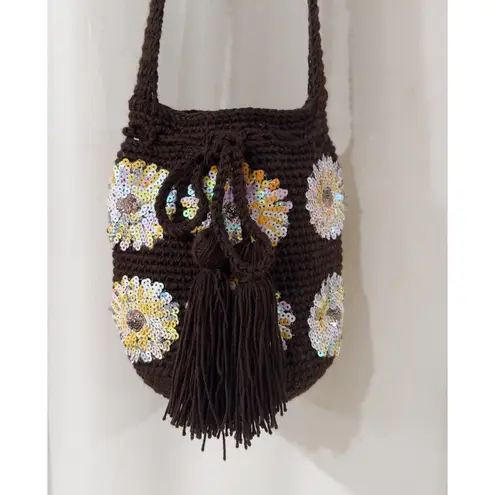 Handmade Women's Brown Floral Sunflower Crochete Bucket Shoulder Bag Mochila