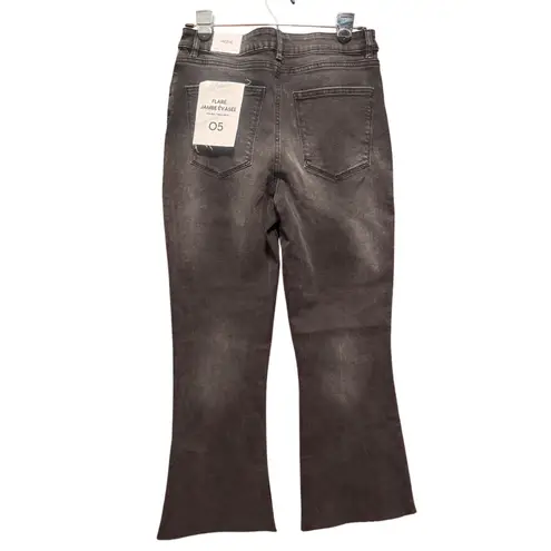 Ardene Flare Jeans Size 5 Black Wash Distressed Raw Hem High Rise Denim Gray
