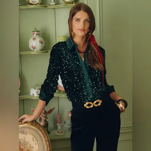 J. McLaughlin Barrett Sequin Shirt Emerald Green Velvet Satin Size Large NEW