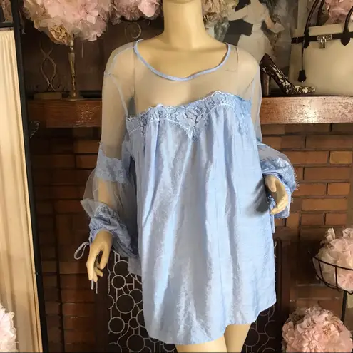 BLUE LACE TOP WITH MESH YOKE AND PUFFED SLEEVES (2X)