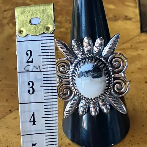 Natural White Buffalo Sterling Silver Feather Ring Size 8.25