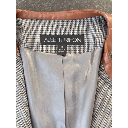 Albert Nipon Womens Blazer Gray Cropped Houndstooth Long Sleeve Jacket Size 4 Black