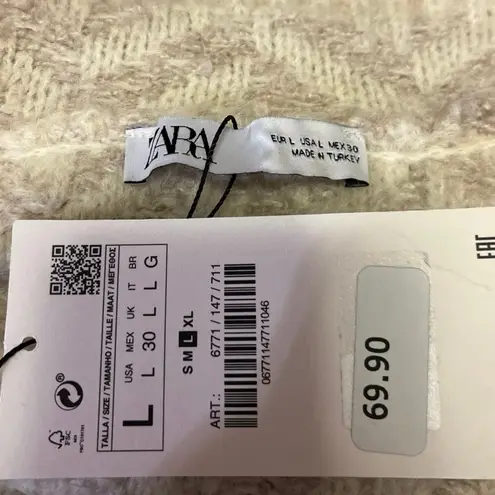 ZARA NEW  Cream Beige Ribbed Knit Collared Fuzzy Open Cardigan Sweater Top Size L