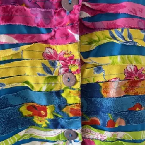 Keren Hart M Button Jacket Floral Bright Pattern Bold Artsy Pink Blue Textured Size M