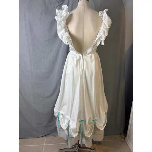 Vintage Handmade Prairie Bridal Dress Ruffle Neck Satin Lace Bows Costume M/L White Size 6