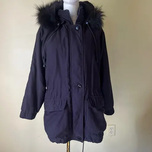 Vintage Jacqueline Ferrar Black Parka Coat Real Fox Fur Trim Hood XS Petite 90s