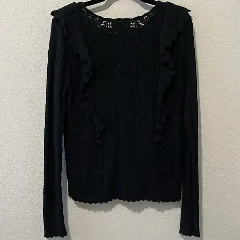 Rachel Parcell Black Pointelle Ruffle Lacy Knit Pullover Sweater, Size XL