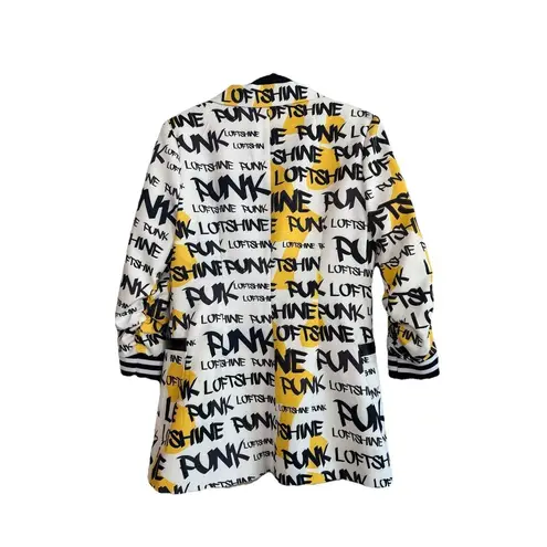 WHY Dress Rare Graffiti Print Jacket White Yellow Black Pockets 2 Buttons, Large