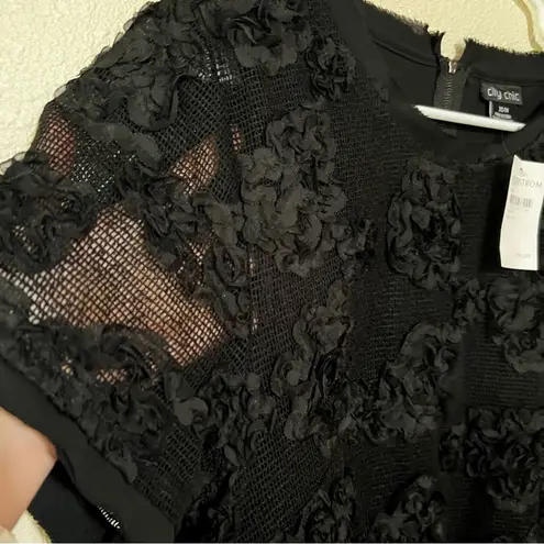 City Chic black 3D garden floral mesh cropped short sleeve blouse NEW XS/14