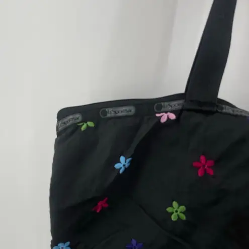 LeSportsac Bag Flower Embroidery Black Zipper Tote Lightweight Travel MultiColor