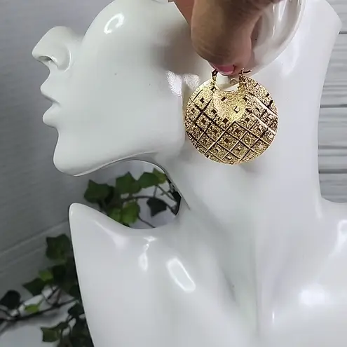 Boutique Chunky Gold Shimmer Puffy Disc Hoop Earrings