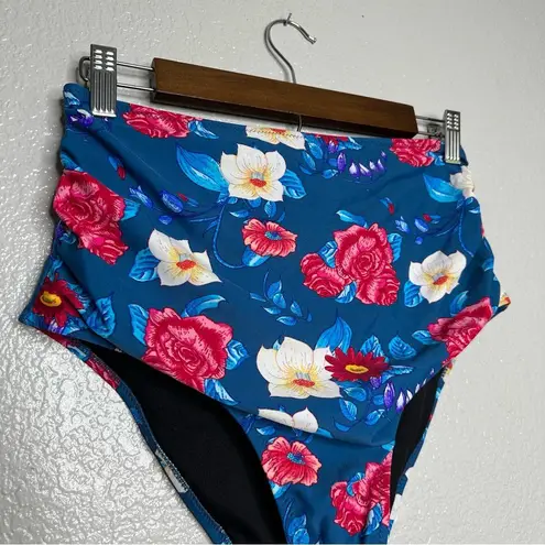 Cupshe  Women's Large Sapphire Blue Floral Shirred Brief Bikini Bottom Pool Beach