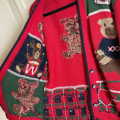 ID Distinction teddy bear and holiday motifs cardigan size small vintage 80’ Red
