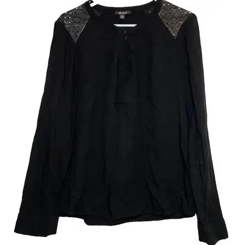 Ella Moss 1/4 Zip Blouse Long Sleeve Perforated Faux Leather Floral Black Large