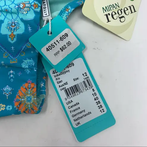 Seafolly Inka Gypsy Rio Bikini Bottom Size 8 Blue Aqua Swimwear NWT