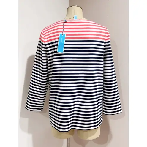 Draper James Women's Stripe Ponte Long Sleeve Tee Navy Coral Size L