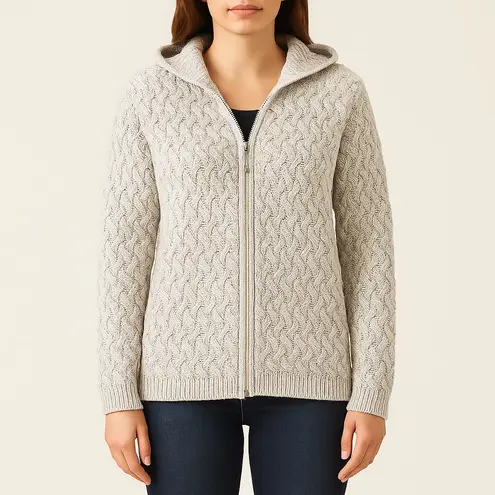 Aran Crafts Ireland Merino Wool Zip Hoodie Sweater Size XL Oatmeal Cable Knit Gray