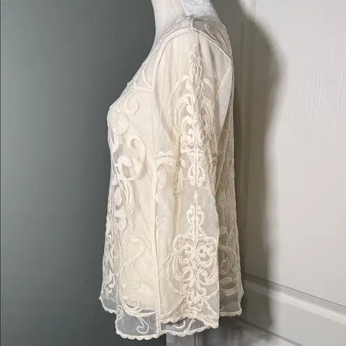 EXPRESS  Sheer Lace Mesh Blouse Ivory Long Sleeve Size Large