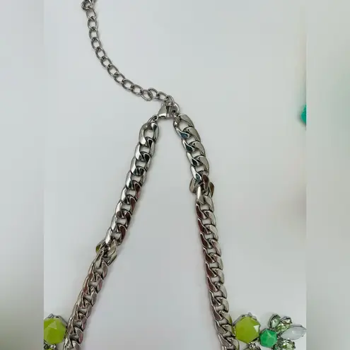 Green Rhinestone Flower Necklace Silver tone metal chain statement piece