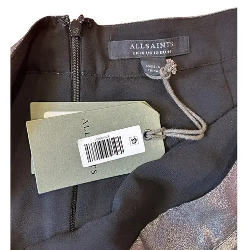 ALLSAINTS NWT ALL SAINTS Carla Metallic Silver Midi Skirt Asymmetric Hem Women's US 12
