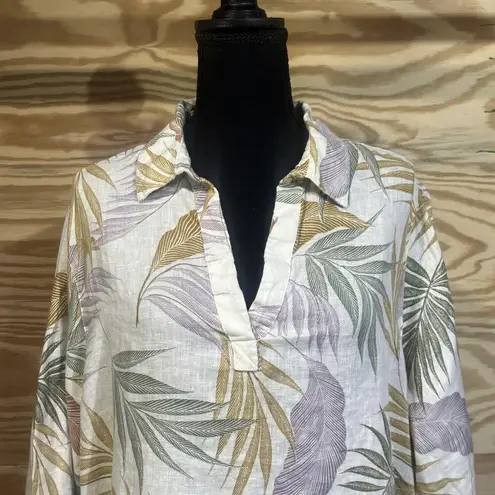 Tahari Linen Popover Blouse Size 1X Tropical Palm Print Coastal Beach Vacation