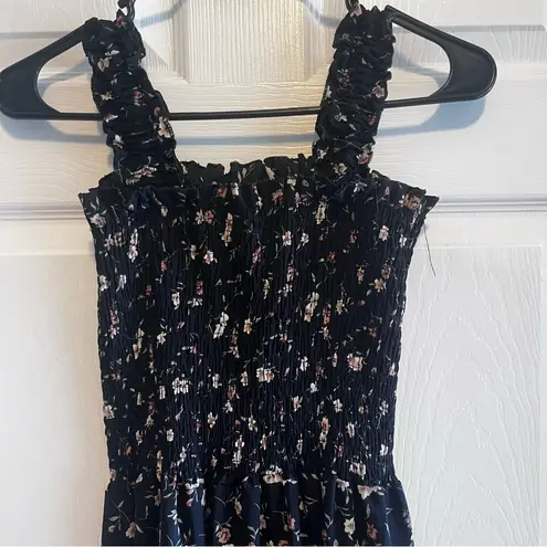 Floral Black Maxi Dress Rouched and Ruffles Size XS