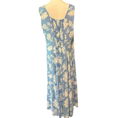 Koret Shirt Dress SZ MED Blue White Floral Smocking Sleeveless Boho Office Beach