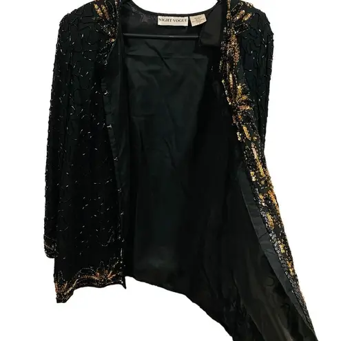 Night Vogue Vintage 80s Silk Black Gold Beaded Sequin Swirly Glam Party Jacket Size 1X