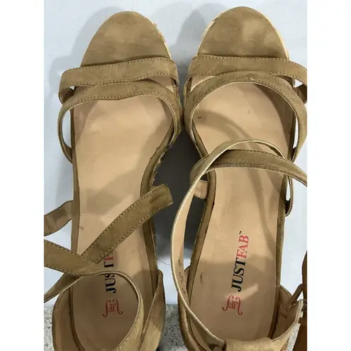 Womans Just Fab 9 Strappy Open Toe Tan Faux Suede Espadrille Wedge Sandals Brown