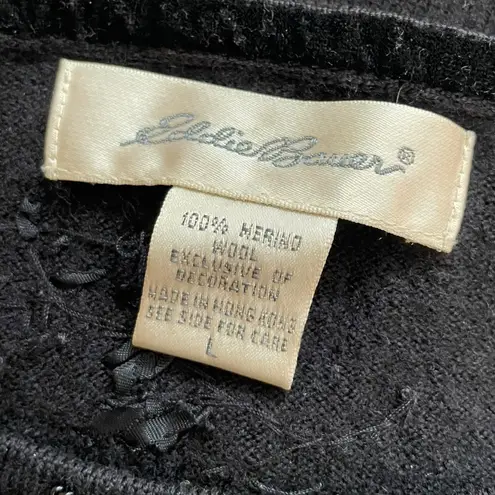 Eddie Bauer  Vintage 90s Black Beaded Embellished Merino Wool Cropped Sweater