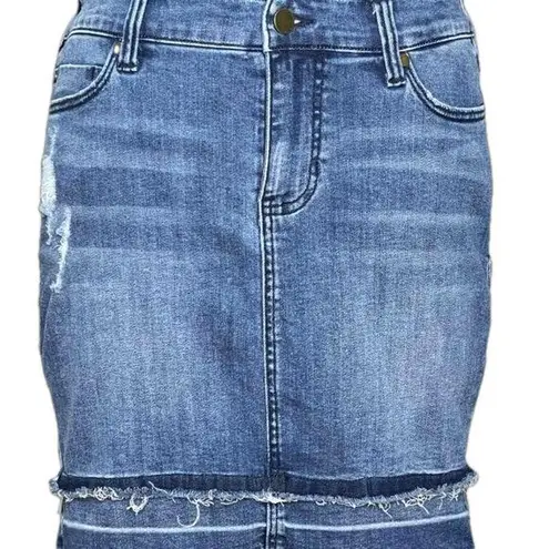 Liverpool Blue Denim Distressed Women’s Skirt Fringe Raw Hem Size 4/27