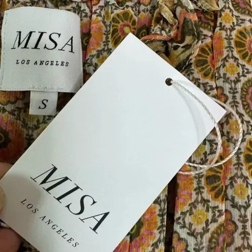 MISA Los Angeles MISA Nita Midi Ruffle Dress in Flora Tile Mix Green and Pink Size S NWT