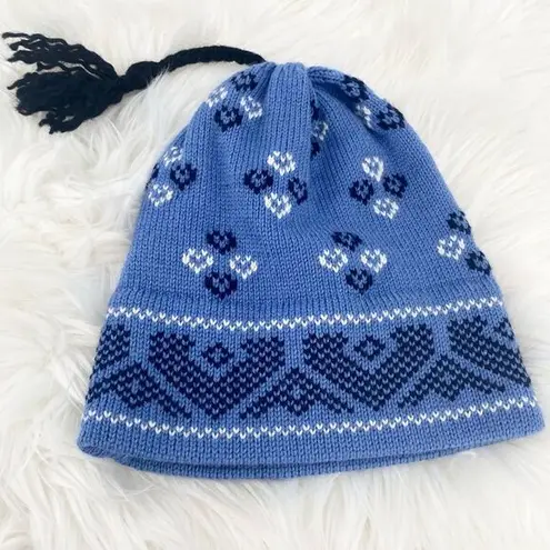 Vintage Handmade Top Notch Knits USA Beanie Hat hearts VTG Blue