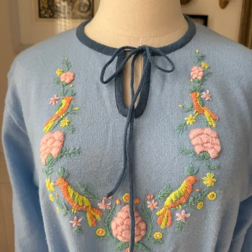 Vintage 70s CariKnits Belted Sweater Crewel Needlework M L Blue Size M