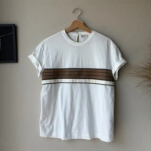 Brunello Cucinelli White Stripe Patterned Crewneck Short Sleeve T-Shirt Size M
