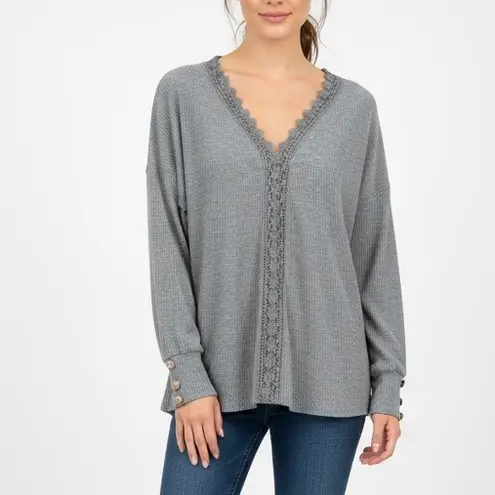 Gray Ribbed Long Sleeve Lace Trim V