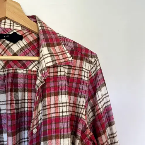 Lands' End pink white checkered button down long sleeved flannel top women's M Size M