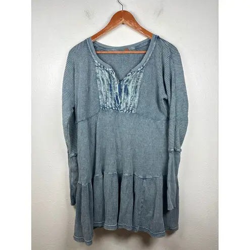 Free People  One Jolene XS Blue Thermal Waffle Knit Tiered Long Sleeve Mini Dress