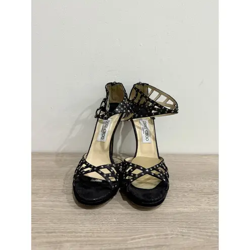Jimmy Choo Metallic Leather Crystal Embellished Cut Out Strappy Sandals Black 39