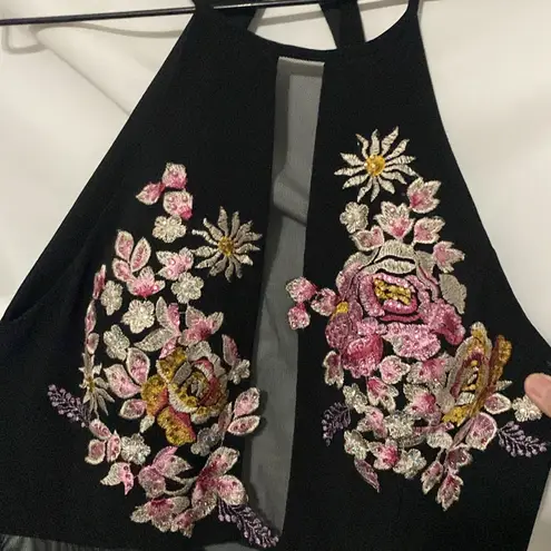 XScape WO SIZE 10 LONG MAXI EVENING DRESS BLACK BEADED EMBROIDERED FLORAL DESIGN