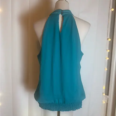 Chime Women’s XL Teal Halter Blouse with Pleated Ribbon & Floral Detail Green
