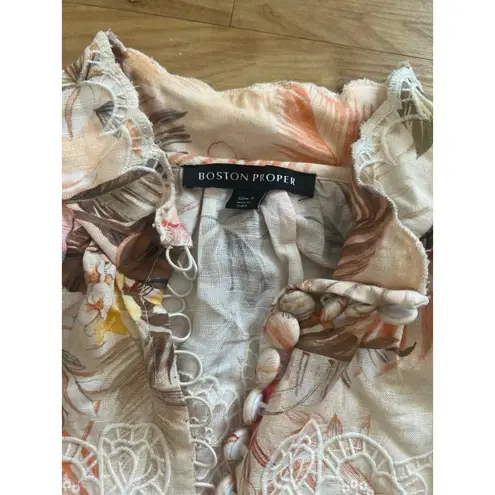 Boston Proper Ipanema Orchids Print Covered Button Linen Tunic Top Small Floral