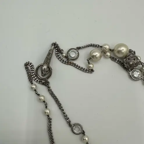 Henri Bendel Socialite Long Double Strand Silver Chain Necklace Charms Pearls