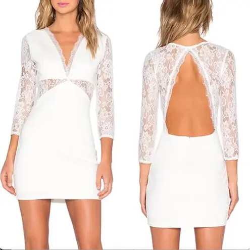 NBD NWT  x Revolve White Lace Long Sleeve Open Back Mini Dress, Size Large