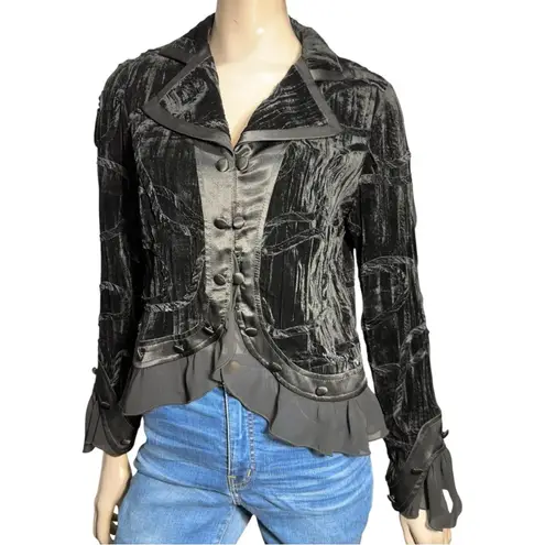 Mieka Women’s Size 10 Black Flocked Velvet Chiffon Trimmed Jacket