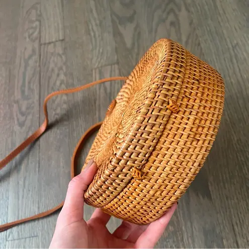Authentic Bali Round Rattan Woven Bag Purse with Leather Strap, Batik Lining Tan