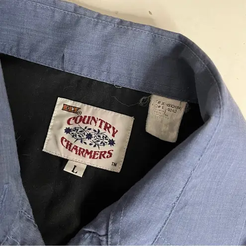 ELY Country Charmers Western Shirt USA Flag Horses Black Snaps Vintage 70’s Blue Size L