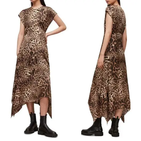 All Saints Gianna Kiku Leopard Animal Print Asymmetric Midi Dress