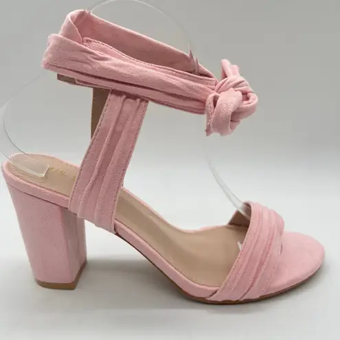 Allegra K Sandals Womens 9 Pink Block Heel Ankle Tie Soft Suede Open Toe NEW